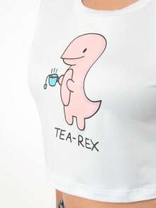 TE AMOMO Blusa Crop Top De Dama Juvenil Estampado De Dinosaurio - Blanco y Negro - Ver 4