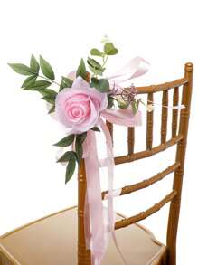 Set Of 6 Wedding Aisle Decorations Pew Flowers For Wedding Ceremony Party Chair Decor With Artificial Flowers Eucalyptus And Ribbons - Pink - View 1