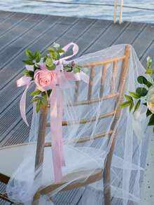 Set Of 6 Wedding Aisle Decorations Pew Flowers For Wedding Ceremony Party Chair Decor With Artificial Flowers Eucalyptus And Ribbons - Pink - View 2