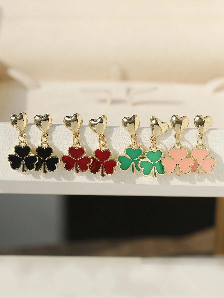 1 Pair Fashion Elegant Heart Enamel Clover Drop Earrings, Minimalist Versatile Green Clover Accessory, Gift For Valentine's Day & St. Patrick's Day - Earring - View 1
