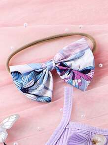 嬰兒女孩蝴蝶印花多層裙式下擺連髮帶連身衣 - 紫色 - 查看 5