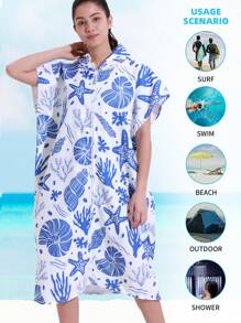 1pc Blue Seashell And Plant Patterned Hooded Zip-Up Towel, Soft And Absorbent Microfiber Surf Poncho With Front Pocket, Windproof, Sun-Proof Bathrobe For Adults, Men, Women, Couple, Beach, Pool, Shower, Outdoor, Home Use Summer Wedding Home Bathroom Decor Beach Wear Back To School