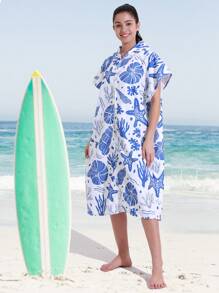 1pc Blue Seashell And Plant Patterned Hooded Zip-Up Towel, Soft And Absorbent Microfiber Surf Poncho With Front Pocket, Windproof, Sun-Proof Bathrobe For Adults, Men, Women, Couple, Beach, Pool, Shower, Outdoor, Home Use Summer Wedding Home Bathroom Decor Beach Wear Back To School