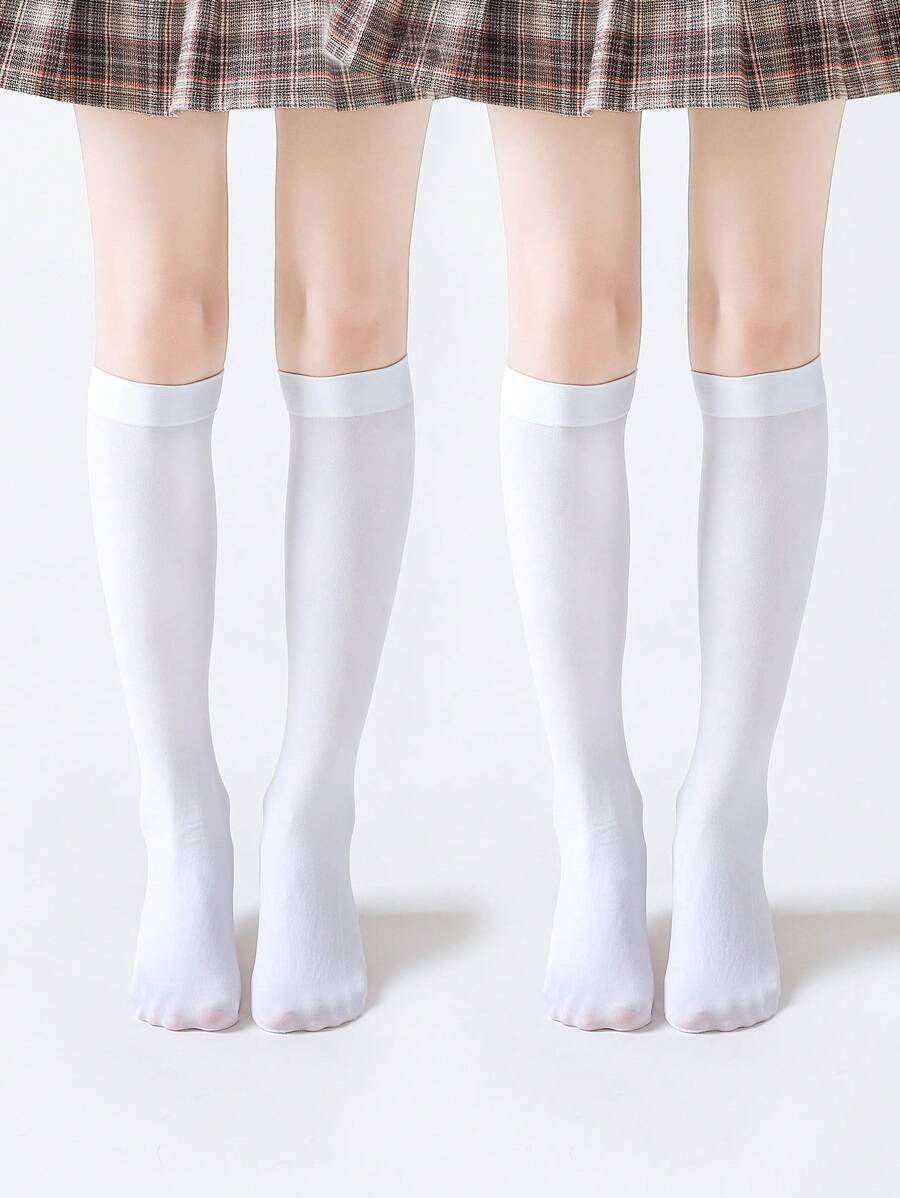 2Pairs Solid Color High Elastic Knee High Socks For Kids Boys And Girls, Suitable For All Seasons - White - View 1