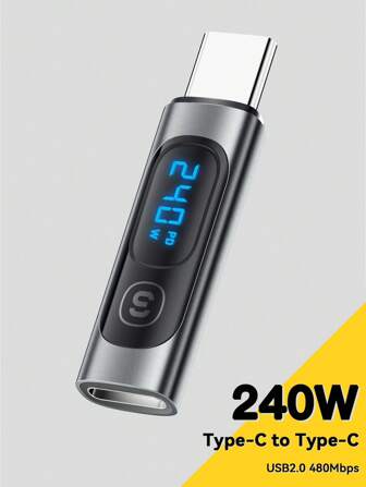 ESSAGER Adaptador USB C de 240W, conector tipo C a USB C 3.0 2.0 OTG con pantalla digital, adaptador de datos de 100W para Pro Air en color gris