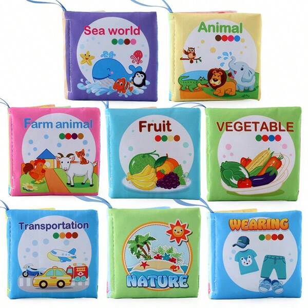 8 stuks/set babyzacht stoffen boek met geluidpapier & label & cognitieve afbeelding & tastzintuiglijke training voor dieren, fruit, weersherkenning, scheurbestendig, vroegschoolse educatie speelgoed voor 0-1 jaar oud, voor Kerstmis