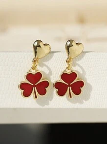 1 Pair Fashion Elegant Heart Enamel Clover Drop Earrings, Minimalist Versatile Green Clover Accessory, Gift For Valentine's Day & St. Patrick's Day - Earring - View 7