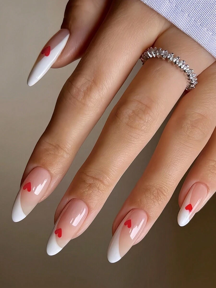 24入組簡約法式風格肉色漸變心形設計杏仁形假指甲+ 1入組果凍膠+ 1入組指甲磨光條 - 彩色 - 查看 1