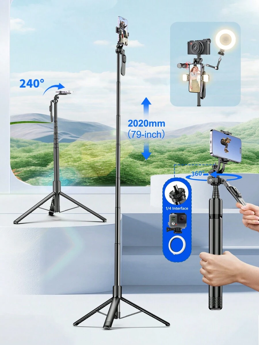 AXNEN 79-Inch/2m Aluminum Alloy Extra Long Pole - Balanced Stable 360° Rotating Selfie Stick Tripod, Multi-Functional Extendable Phone Tripod With Wireless Remote Shutter, Compatible With IOS And Android Phones, For Selfie, Video Recording, Vlog, Live Streaming, C08