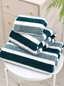 3条装珊瑚绒超柔软不掉毛浴巾/面巾，浴室柔软吸水条纹洗脸巾或浴巾，沙滩巾，浴室用品，适用于浴室、酒店、健身房、旅行、礼品、沙龙、运动、户外、海滩、学校、返校季、旅行配件、家居必需品、毛巾、护肤 - 墨綠色 - 查看 3