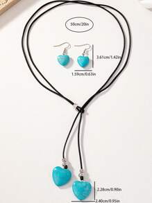 Bộ vòng cổ và hoa tai thiết kế hình trái tim dài và màu ngọc lam theo phong cách Bohemian cổ điển có thể điều chỉnh độ dài cho ngày lễ tình nhân, mẹ, mẹ, ngày của mẹ, quà tặng - Màu ngọc lam - Xem 4