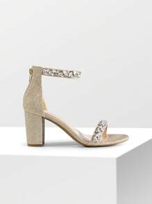 Women Rhinestone Decor Chunky Heeled Ankle Strap Sandals, Glamorous Party Heeled Sandals, For Daily, Wedding, Vacation, Prom - Gold - View 7