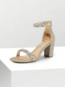 Women Rhinestone Decor Chunky Heeled Ankle Strap Sandals, Glamorous Party Heeled Sandals, For Daily, Wedding, Vacation, Prom - Gold - View 6