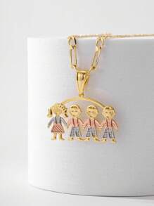 1pc Fashionable & Simple Tricolor Carved 3D Family (Boy & Girl Holding Hands) Pendant Necklace, Suitable As Gift For Mother, Couples, Best Friends, Daily & Festival Wear, Blessing - Yellow Gold - View 3