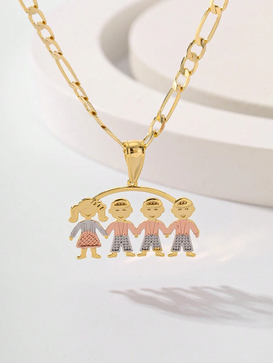 1pc Fashionable & Simple Tricolor Carved 3D Family (Boy & Girl Holding Hands) Pendant Necklace, Suitable As Gift For Mother, Couples, Best Friends, Daily & Festival Wear, Blessing - Yellow Gold - View 1