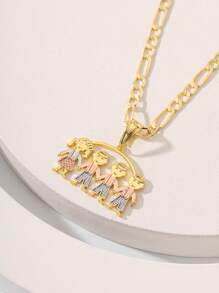 1pc Fashionable & Simple Tricolor Carved 3D Family (Boy & Girl Holding Hands) Pendant Necklace, Suitable As Gift For Mother, Couples, Best Friends, Daily & Festival Wear, Blessing - Yellow Gold - View 4