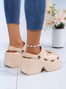 Women's Closed Toe Chunky Heel Wedges With 7.5cm Height Increase & Diy Butterfly & Leopard Print Accessories, Suitable For Outdoor Activities Beach Slip-On, Summer Fashion High Heel Waterproof Platform Hollow Out Shoes, 2024 New Style, 4cm Height, Eva Material, Flat-To-Low-Heel Solid Color Women's Shoes, Designed For Comfort And Style