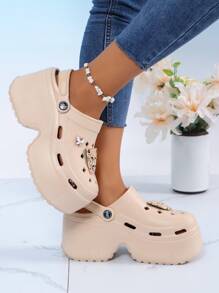 Women's Closed Toe Chunky Heel Wedges With 7.5cm Height Increase & Diy Butterfly & Leopard Print Accessories, Suitable For Outdoor Activities Beach Slip-On, Summer Fashion High Heel Waterproof Platform Hollow Out Shoes, 2024 New Style, 4cm Height, Eva Material, Flat-To-Low-Heel Solid Color Women's Shoes, Designed For Comfort And Style