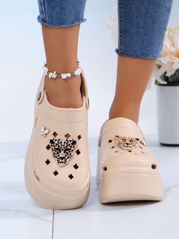 Women's Closed Toe Chunky Heel Wedges With 7.5cm Height Increase & Diy Butterfly & Leopard Print Accessories, Suitable For Outdoor Activities Beach Slip-On, Summer Fashion High Heel Waterproof Platform Hollow Out Shoes, 2024 New Style, 4cm Height, Eva Material, Flat-To-Low-Heel Solid Color Women's Shoes, Designed For Comfort And Style