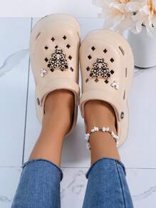 Women's Closed Toe Chunky Heel Wedges With 7.5cm Height Increase & Diy Butterfly & Leopard Print Accessories, Suitable For Outdoor Activities Beach Slip-On, Summer Fashion High Heel Waterproof Platform Hollow Out Shoes, 2024 New Style, 4cm Height, Eva Material, Flat-To-Low-Heel Solid Color Women's Shoes, Designed For Comfort And Style