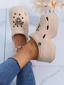 Women's Closed Toe Chunky Heel Wedges With 7.5cm Height Increase & Diy Butterfly & Leopard Print Accessories, Suitable For Outdoor Activities Beach Slip-On, Summer Fashion High Heel Waterproof Platform Hollow Out Shoes, 2024 New Style, 4cm Height, Eva Material, Flat-To-Low-Heel Solid Color Women's Shoes, Designed For Comfort And Style