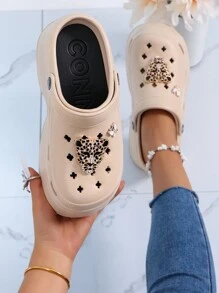Women's Closed Toe Chunky Heel Wedges With 7.5cm Height Increase & Diy Butterfly & Leopard Print Accessories, Suitable For Outdoor Activities Beach Slip-On, Summer Fashion High Heel Waterproof Platform Hollow Out Shoes, 2024 New Style, 4cm Height, Eva Material, Flat-To-Low-Heel Solid Color Women's Shoes, Designed For Comfort And Style