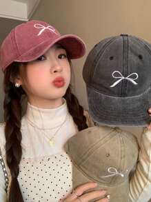 1pc Women's Vintage Sweet Bow Embroidery Washed Baseball Cap With Wide Brim, Spring Cute Valentine's Day Valentines