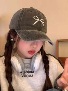 1pc Women's Vintage Sweet Bow Embroidery Washed Baseball Cap With Wide Brim, Spring Cute Valentine's Day Valentines