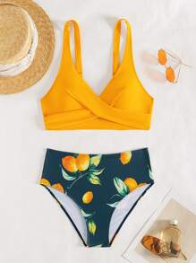 Women Vacation Sexy Solid Color Bikini Set With Fruit Print & Triangle Bottom Summer
