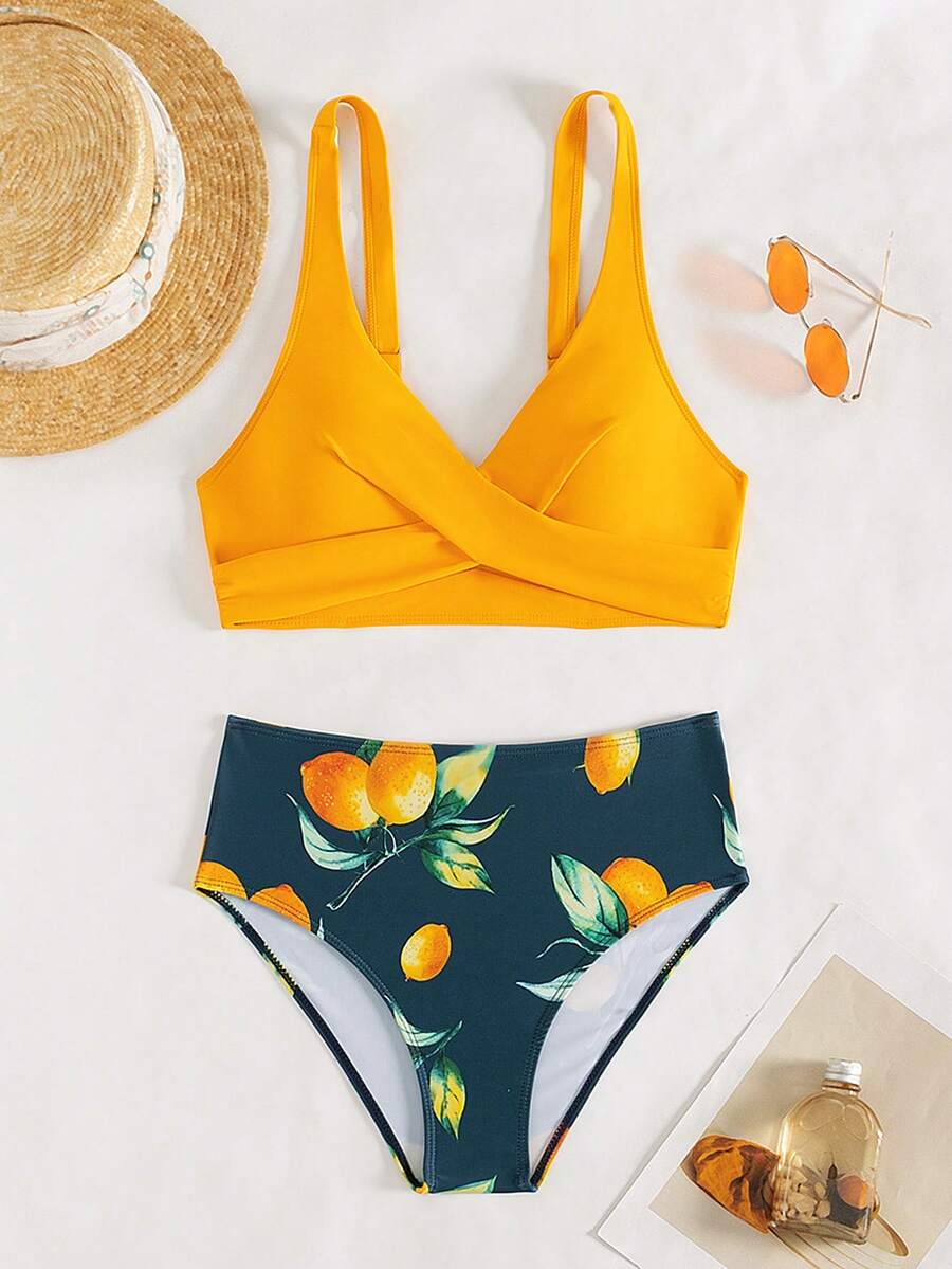 Women Vacation Sexy Solid Color Bikini Set With Fruit Print & Triangle Bottom Summer