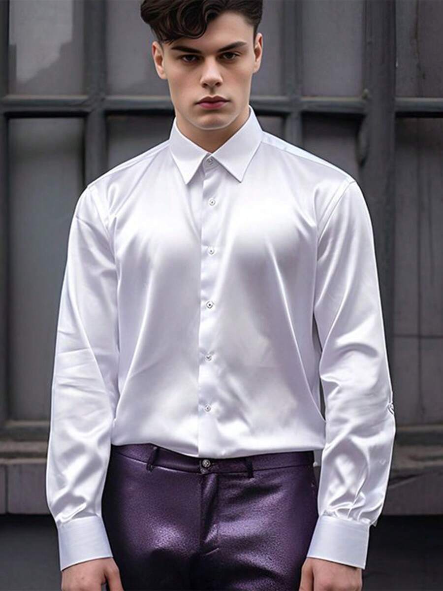 Camisa de vestir de manga larga de seda brillante para hombre, camisa de esmoquin, camisa suave ajustada de seda de manga larga, camisa de traje de boda de negocios - Blanco - Ver 1