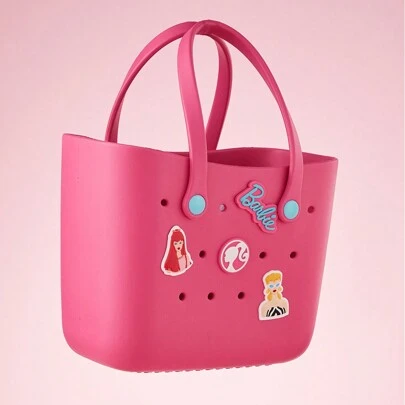 Miniso Bolso de tote con diseño de agujero de patrón de dibujos animados de la Colección Brillante de Barbie, bolso de almuerzo escolar, bolso de viaje portátil para picnic (Rosa Barbie)