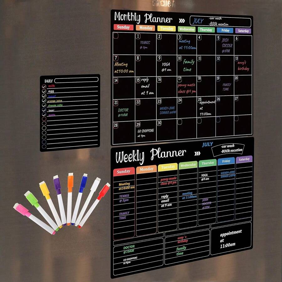 Black Dry Erase Boards Set 3 Boards For Refrigerator, Monthly, Weekly Organizer