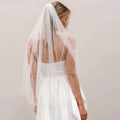 1 قطعة حجاب عروس مزين باللؤلؤ الاصطناعي باللون البيج، اكسسوارات حفل زفاف وزواج، تاج رأس للعرائس