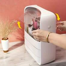 Makeup Storage Box, High Capacity Dust Proof With Lid Transparent Sorting Container, Skincare Products Organizer, Desktop Storage Cabinet - Pure Powder - View 5