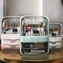 Makeup Storage Box, High Capacity Dust Proof With Lid Transparent Sorting Container, Skincare Products Organizer, Desktop Storage Cabinet - Pure Powder - View 3