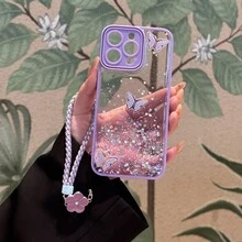 1 Vỏ điện thoại di động lấp lánh quà tặng năm mới Tương thích với iPhone và Android với khả năng chống rơi, chống vân tay, thiết kế nút độc lập, với họa tiết bướm & cỏ ba lá tự làm và bầu trời đầy sao lấp lánh và cả dây đeo cổ tay và dây đeo cổ - Màu tím - Xem 5
