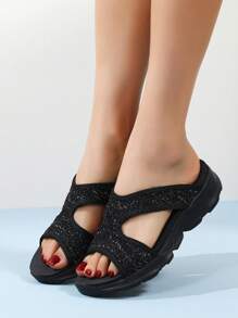 Women's Slippers Summer Breathable Lightweight Anti-Slip Soft Bottom Casual Open Toe Knitted Mesh Sandals In Black For Vacation, Size 42 Valentines - Black - View 1