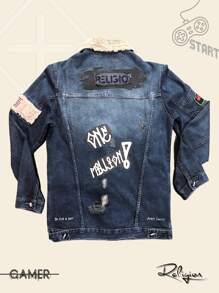 Jaqueta Jeans Masculina Game On Dirty Marine Com Pelinhos Patchs Bordados e NFT - Chumbo - Visão 5