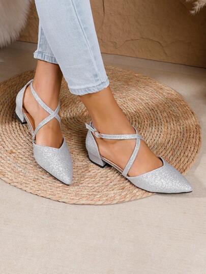 Silver low block heel shoes deals