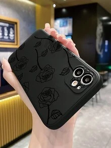 1入線條風格玫瑰設計直邊防摔手機殼，適用於iPhone/Samsung/Xiaomi/Redmi/Vivo/Oppo - 黑色 - 查看 4