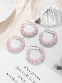 1pc Women's Fashionable & Personalized Pink Circle Earrings, Faux Pearl & Crystal Decor - Baby Pink - View 4