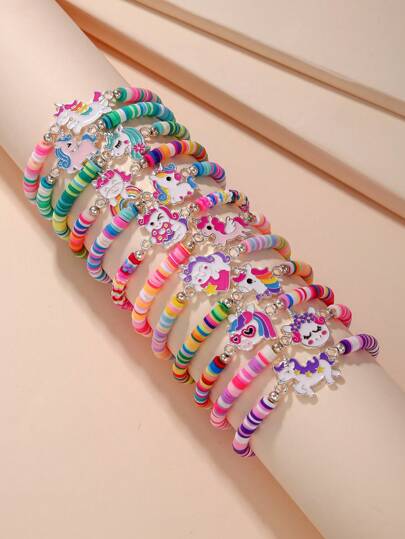 12pcs Cute Cartoon Unicorn Themed Girl's Handmade Braided Polymer Clay Chips Elastic Bracelet Set