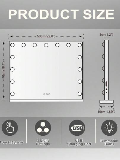 FENCHILIN Holly Wood Spiegel Lighting LED Type USB Charging Port 15 Dimmer Lights Verlichting Modes Make Up Wand Mounted Wit 58cmx48cm view 6