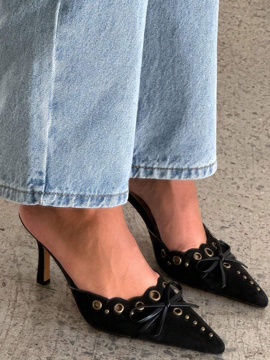 Heeled Mules For Women Pointed Toe Suede Stiletto High Heels Fashion Bow Tie Slip On Pumps Woman - Black - View 1