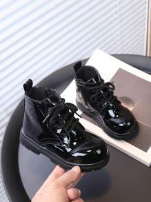 Girls' Ankle Boots With Flat Sole, Made Of Faux Patent Leather Comfortable, Slip-Resistant For Kids, Suitable For Spring And Autumn Casual Wear - Black - View 2