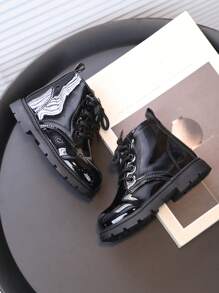 Girls' Ankle Boots With Flat Sole, Made Of Faux Patent Leather Comfortable, Slip-Resistant For Kids, Suitable For Spring And Autumn Casual Wear - Black - View 3