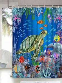 1pc Creative Blue Turtle Design Beach Pattern Shower Curtain With Hooks, Bathtub Divider, Bathroom Decoration Accessories, Waterproof - Multicolor - View 6