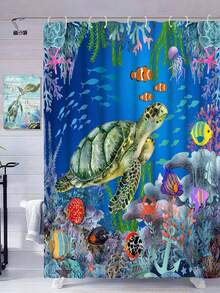 1pc Creative Blue Turtle Design Beach Pattern Shower Curtain With Hooks, Bathtub Divider, Bathroom Decoration Accessories, Waterproof - Multicolor - View 3