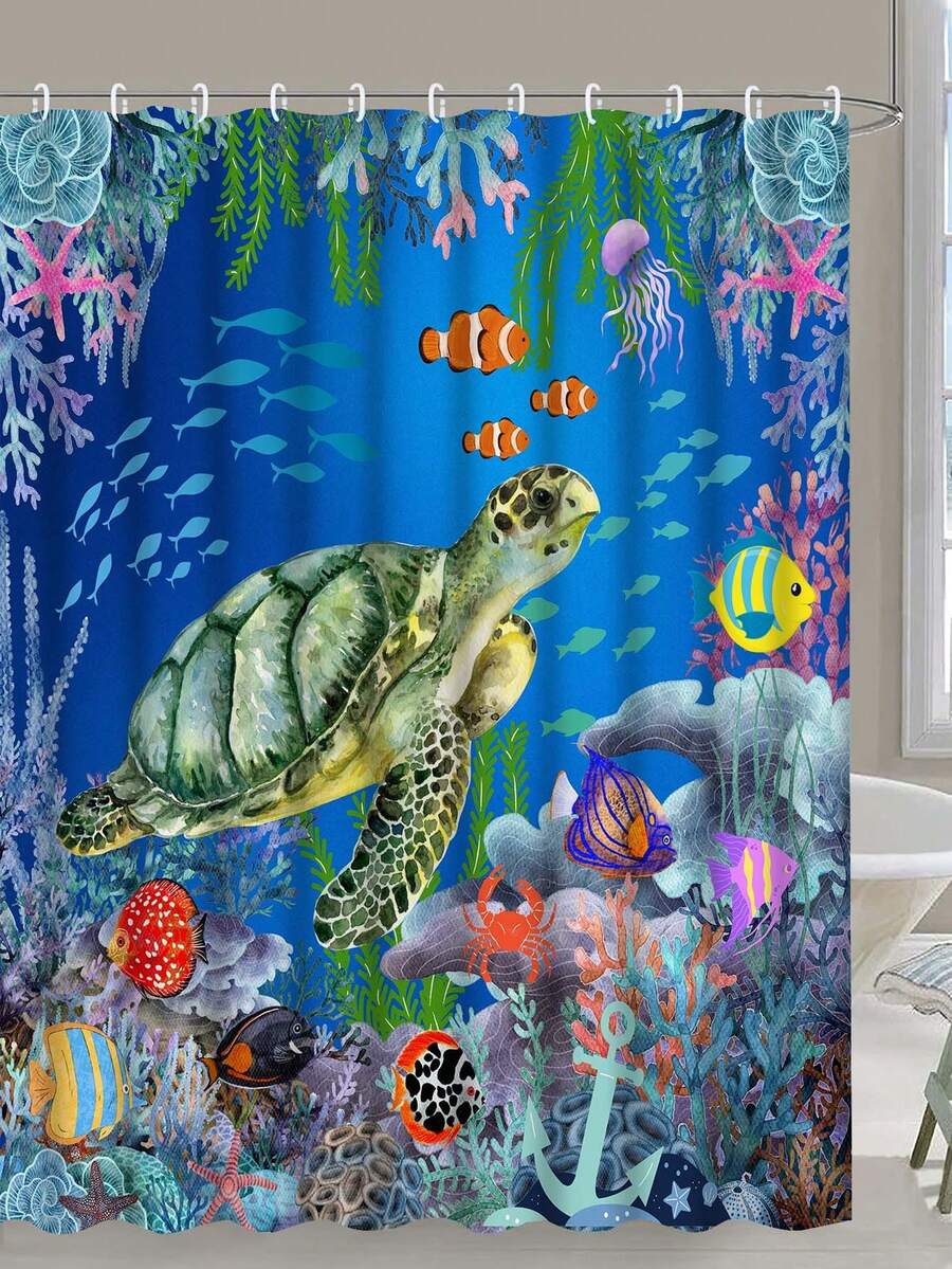 1pc Creative Blue Turtle Design Beach Pattern Shower Curtain With Hooks, Bathtub Divider, Bathroom Decoration Accessories, Waterproof - Multicolor - View 1